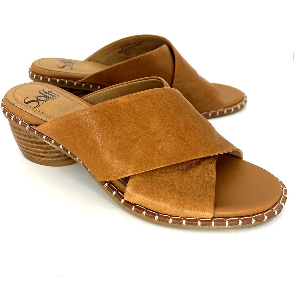 Sofft Crystal Leather Heeled Sandal Cross Straps Genuine Leather Tan Slide 8
